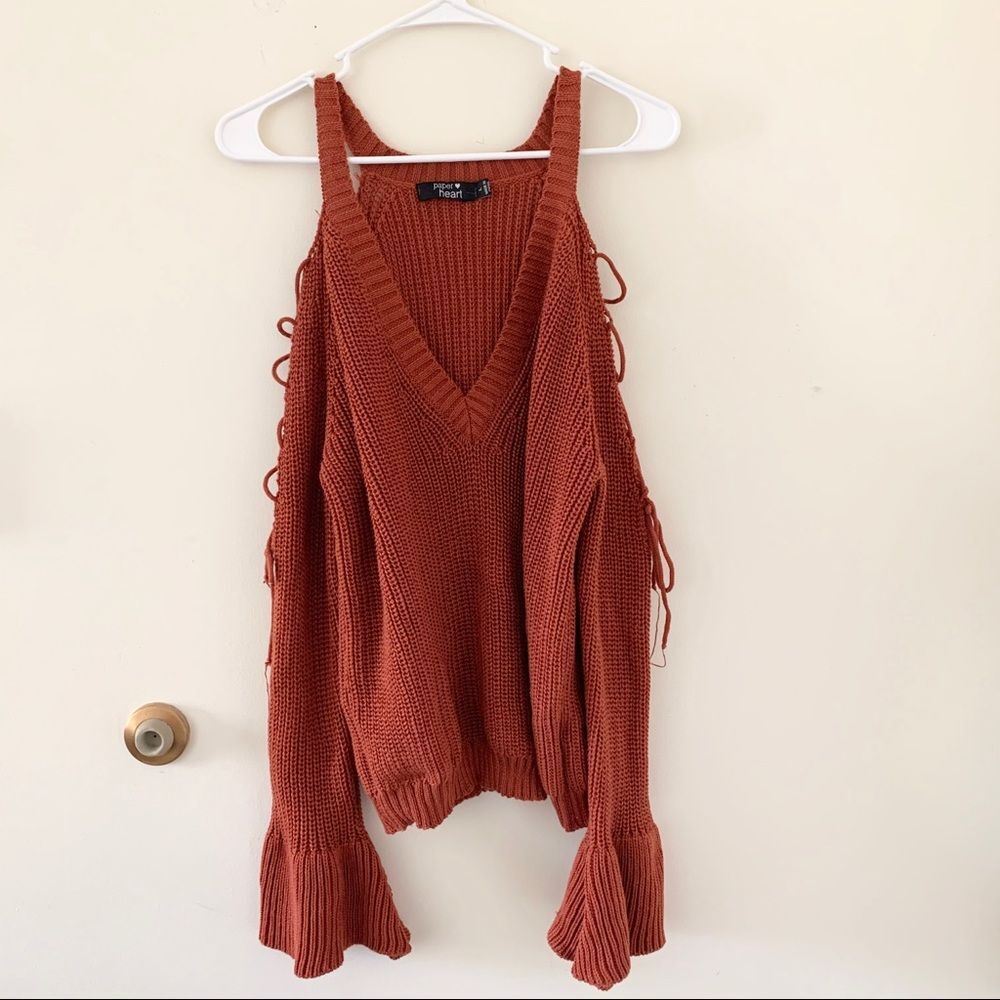 L open shoulder bell sleeve sweater